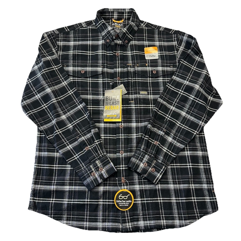 Ariat Men's Medium Rebar Durastretch Flannel Black Plad Shirt‎